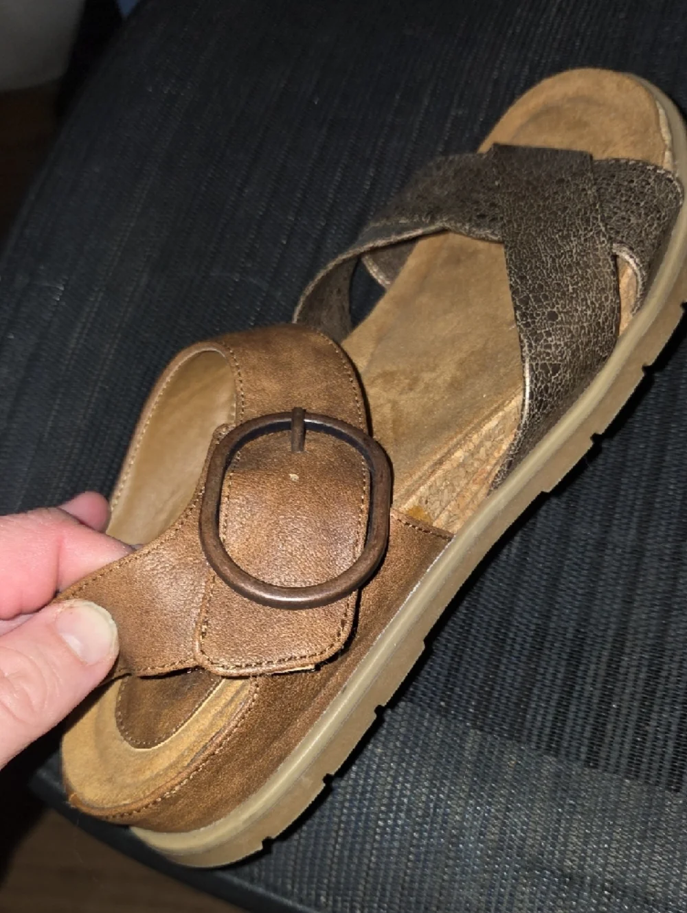 Women’s Brown & Metallic Bronze Cross-Strap Sandals with Buckle - Picture 11 of 12